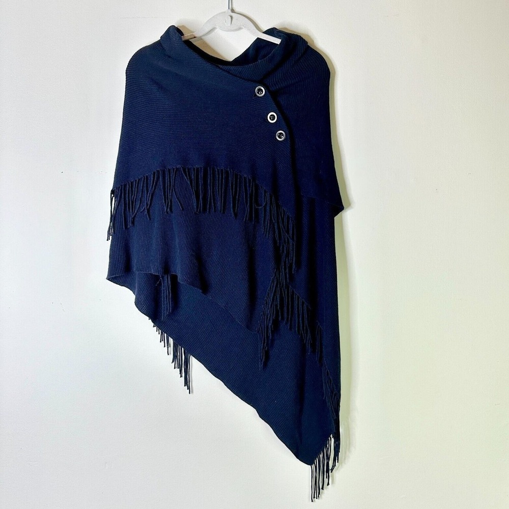 Repeat Cashmere Poncho Wrap Women S Navy Blue Asymmetric Fringe Button Cowl NWOT